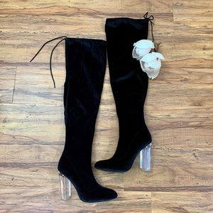 Thigh High Velvet Boots With Clear Heel